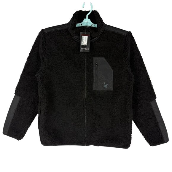$129.00 Spyder Men's Full Zip Logo Warm Cozy Black Sherpa Jacket Size Medium NWT - Picture 1 of 11